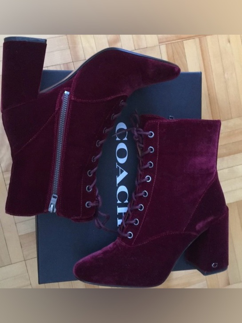 COACH Edie Velvet Booties in a rich wine/burgundy shade Size 8